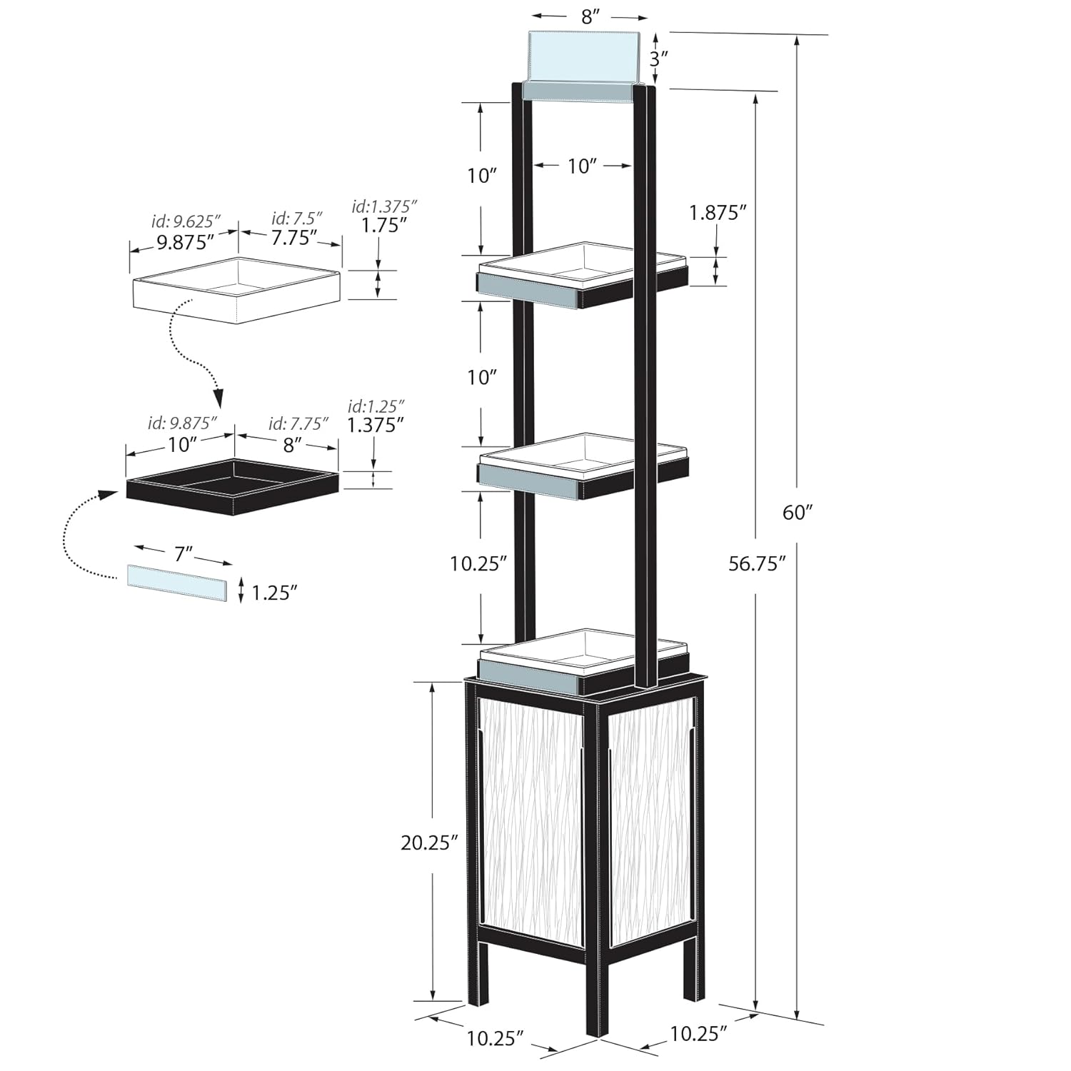 Azar Displays, 655000, Retail Display Tower with 3 Tiers, Tall Cosmetic Shelves, Beauty Display Stand for Salon Retail Products with Signage, No Tools Required, 5 Ft Height, Black Steel