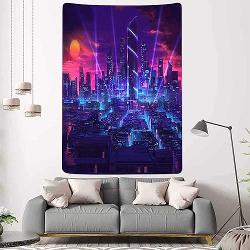 Miniatura 10 de Aidatain Tapiz punk de paisaje urbano, escena de juego de escena de calle neón, franela de anime japonés, tamaño grande de 80 x 60 pulgadas
