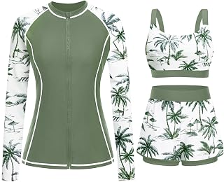 Daci Women's 3-Piece UPF 50+ Rash Guard Swimsuit - Long Sleeve Zip-Up Shirt with High-Waist Shorts & Built-in Bra