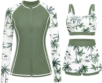 3 Piece Women's Rash Guard Set with Shorts and Built-in Bra