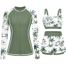 3 Piece Rash Guard for Women - Long Sleeve Swimsuits with Shorts SPF Zip up Swim Shirt with Built in Bra