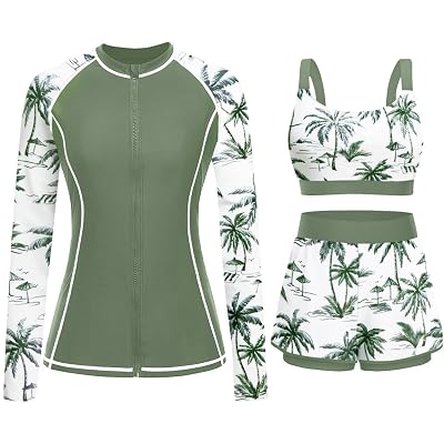 3 Piece Rash Guard for Women - Long Sleeve Swimsuits with Shorts SPF Zip up Swim Shirt with Built in Bra