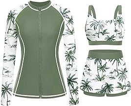 3 Piece Rash Guard for Women - Long Sleeve Swimsuits with Shorts SPF Zip up Swim Shirt with Built in Bra