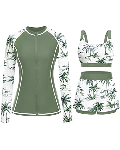 3 Piece Rash Guard for Women - Long Sleeve Swimsuits with Shorts SPF Zip up Swim Shirt with