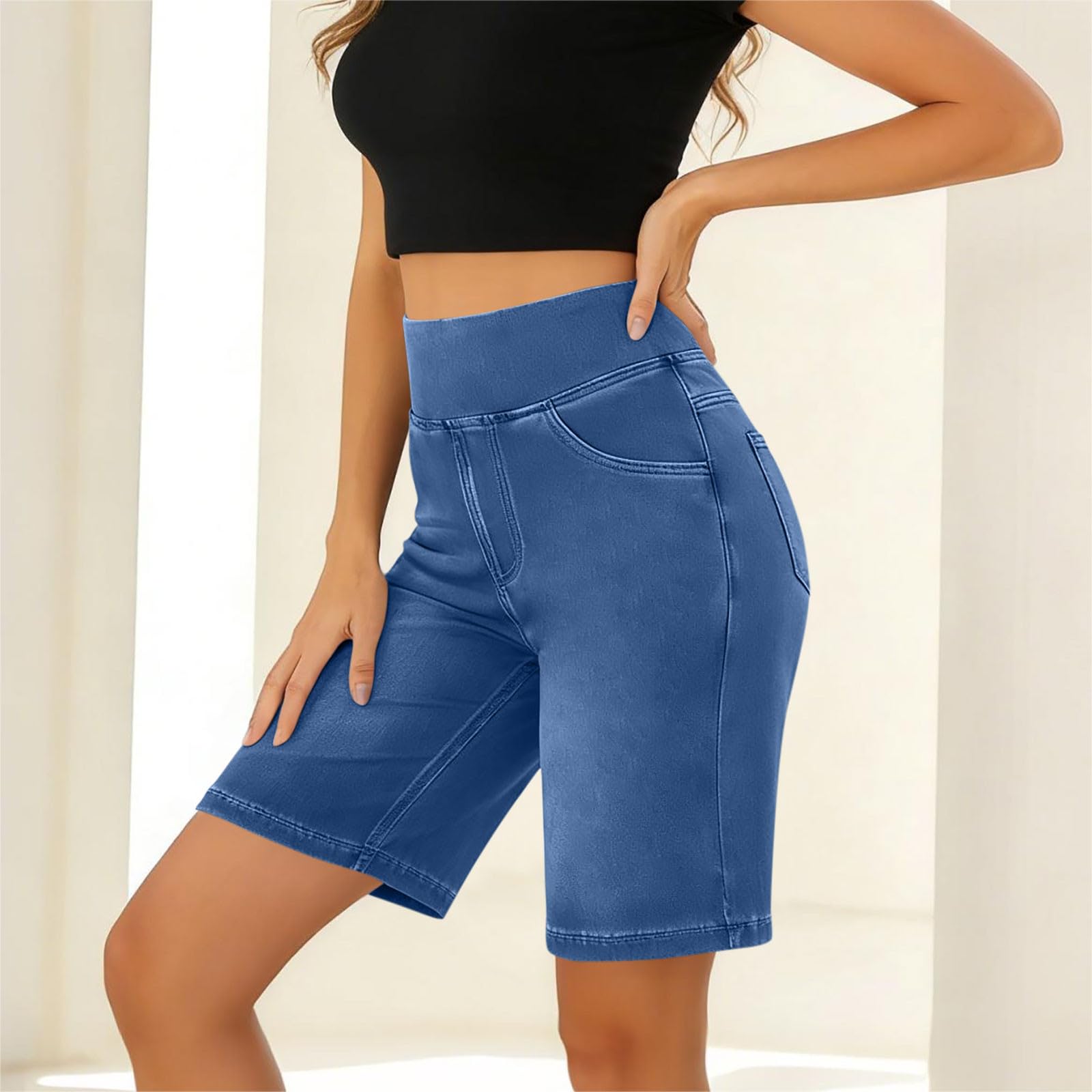 Short Femme Jeans Chic Mode Hot Pants Décontracté Élastique Taille Short Jean Femme D'été Amincissant Bermuda Baggy Taille Haute Vêtements Couleur Unie Pantalon Court avec Poches Tailles S à XXL
