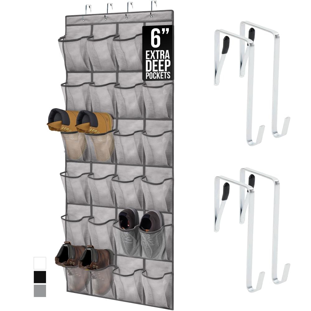 24 Pocket Over The Door Hanging Shoe Organizer, Storage Rack Behind Door Nails Free With Hooks To Hang For Space Saver At Home (24 Pocket - Grey)-image-10
