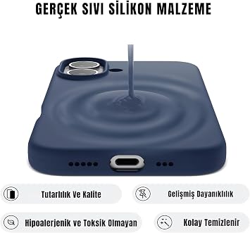 MADNOVA iPhone 16 İle Uyumlu Lansman Kılıf İnce Sıvı Silikon 3 Katmanlı Tam Kaplamalı Yumuşak Jel Kauçuk Telefon Kılıfı (lacivert)