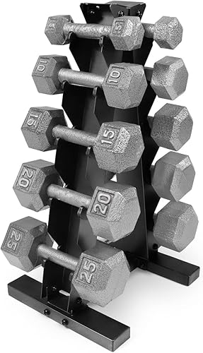 WF Athletic Supply Juego de mancuernas de hierro fundido de 5 a 25 libras con un estante de almacenamiento de marco, pesas sin hexagonales color