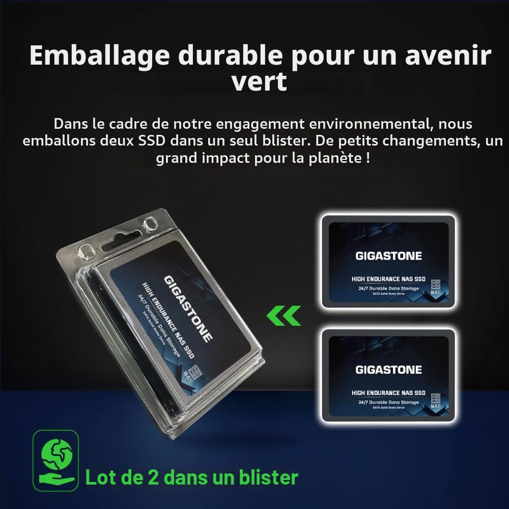 Gigastone Certifié NAS 1To NAS SSD Disque (Lot de 2) 24 h/24, 7 j/7 Durable TLC Endurance élevée Raid Synchro sécurisée des données Cache de Stockage en réseau 2,5 Pouces SATA Disque Dur ssd Interne