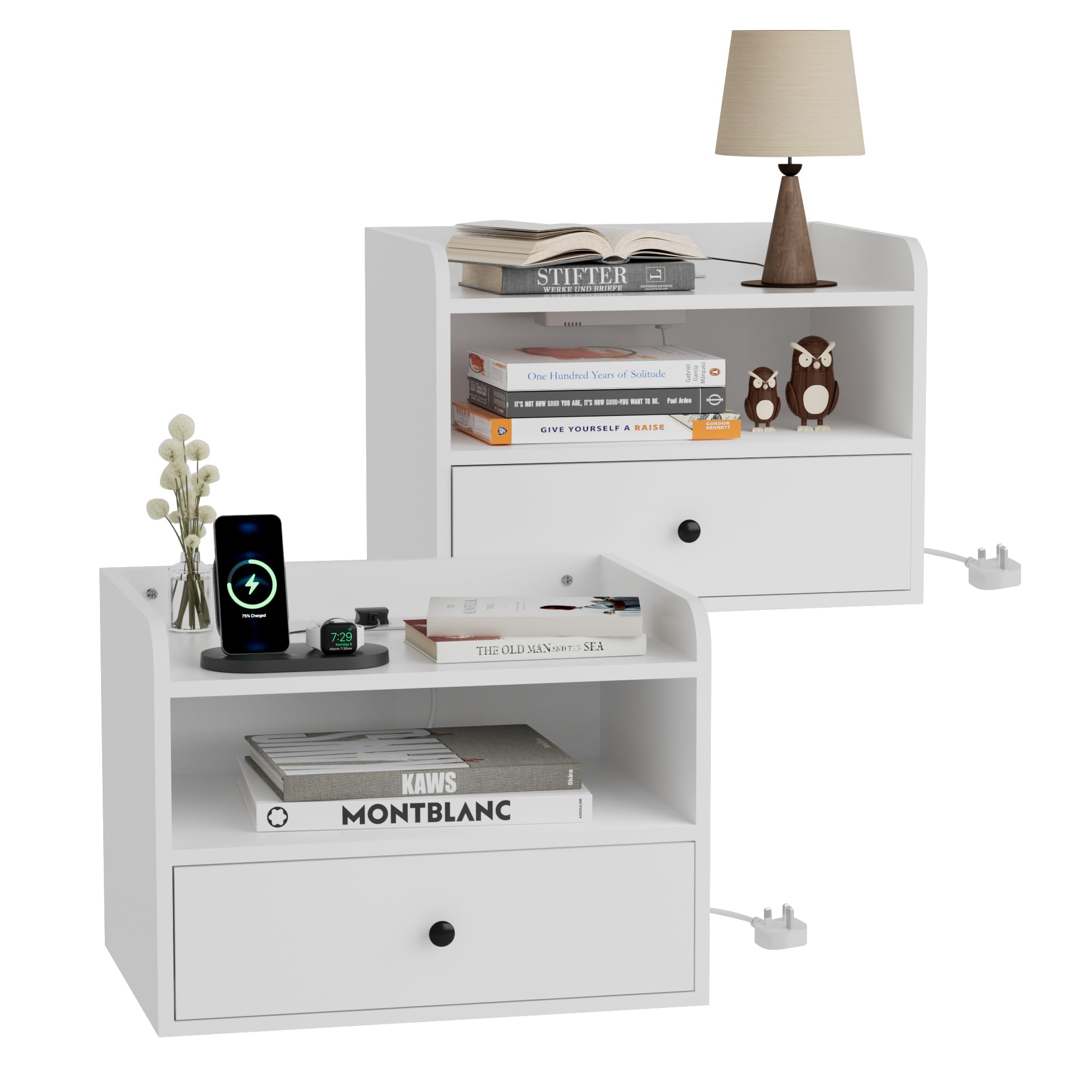 BonVache Set of 2 Floating Bedside Tables, Wall Mounted Bedside Table with Charging Station, Floating nightstand with Open Shelf and Drawer, Modern Side Table for Bedroom, White
