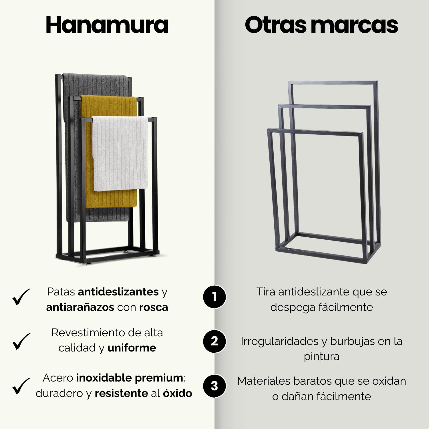 Toallero de Pie Negro – Soporte de Toallas Moderno para Baño – Estructura Estable sin Taladro