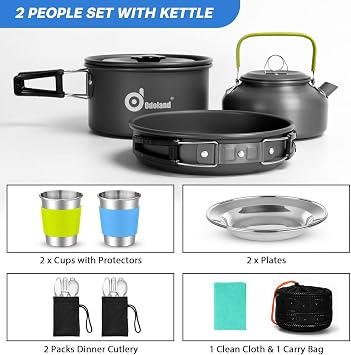 Odoland 15pcs Camping Cookware Mess Kit, Lightweight Pot Pan Kettle Set