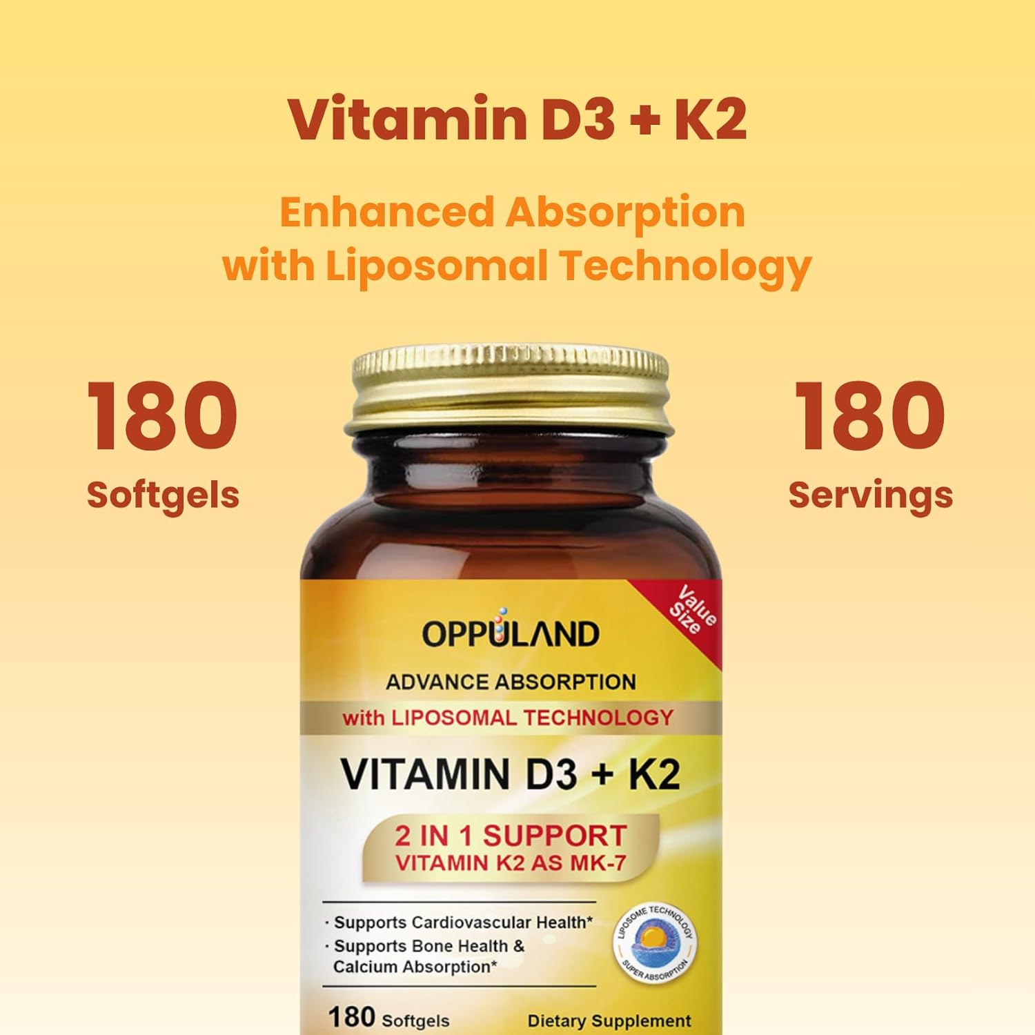 Vitamin D3 + K2 5000 IU - Liposomal Technology for Enhanced Absorption - MK-7 Vitamin K2 100mcg - Supports Bone & Calcium Metabolism - D3K2 Supplement for Men & Women - 180 Softgels