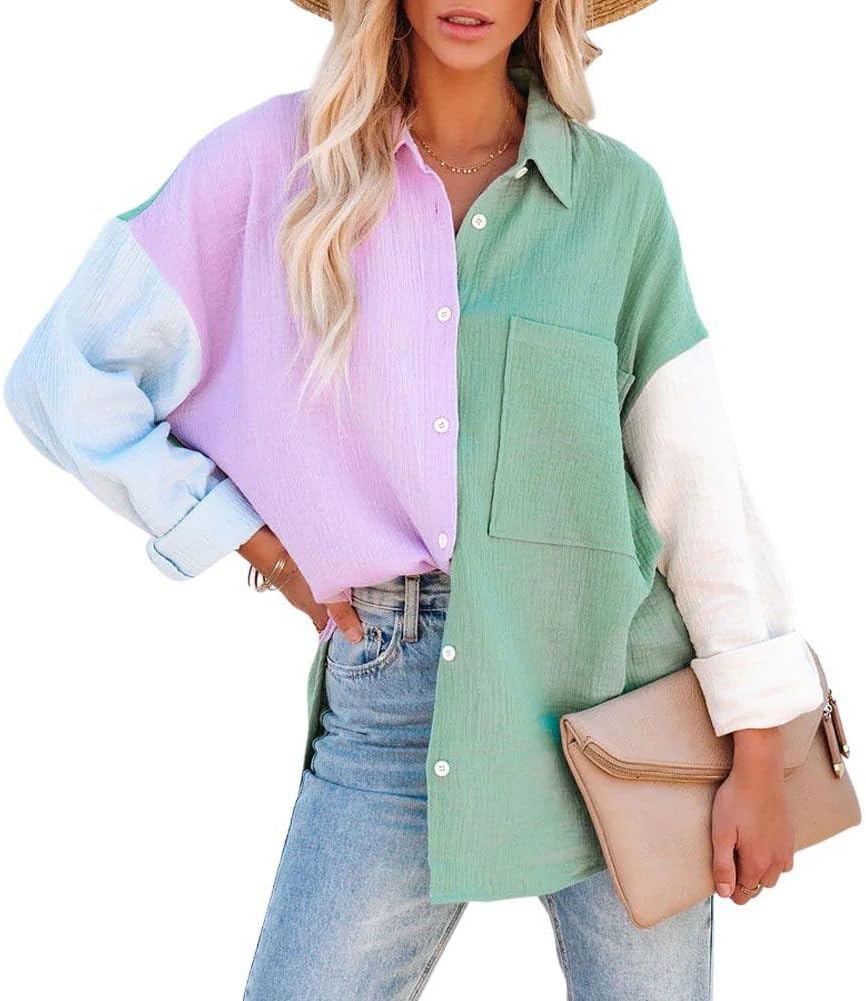 chouyatou Women's Color Block Long Sleeve Button Down Boyfriend Shirt Blouses