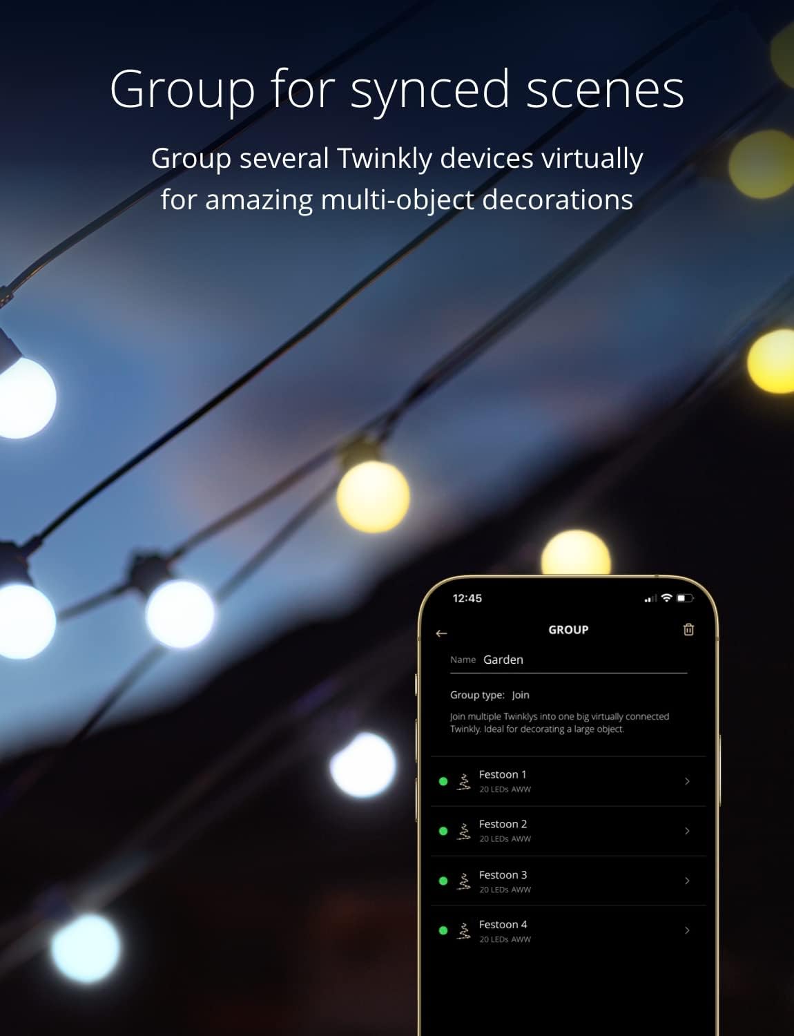 Twinkly app showing a group of Festoon lights
