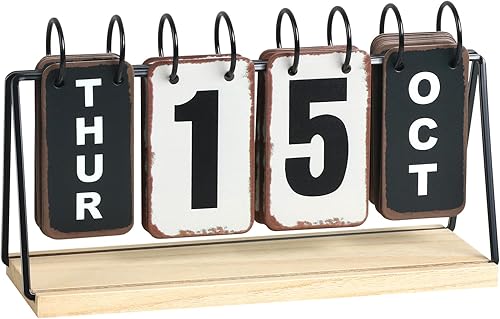 Calendario de metal con base de madera, calendario diario de escritorio perpetuo con pantalla grande, moderno calendario de escritorio de granja