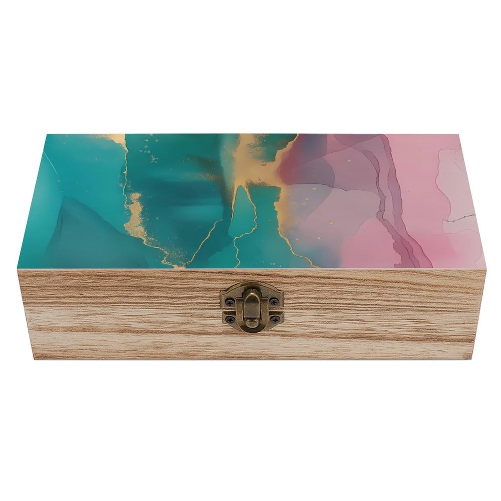 HLBSDM Abstract Pink Teal with Gold Marble Retro Wooden Storage Box Jewelry Art Gift Boxs Decorative Keepsake Boxes