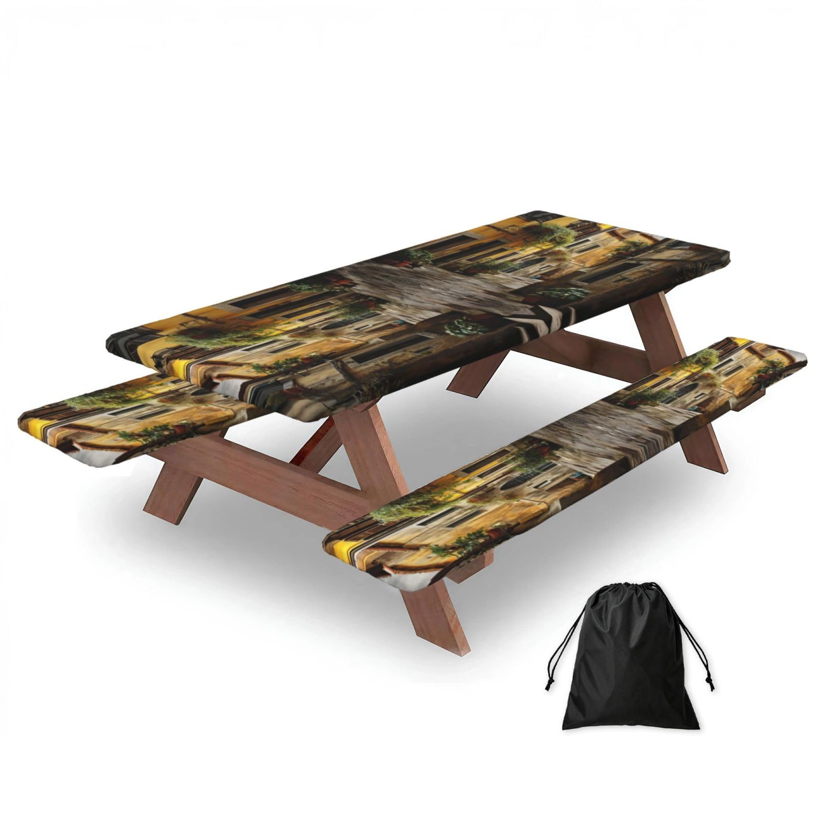 Zyjhyy Black Italian Old Street Print Party Table Covers With Bench Covers Set Of 3 Picnic Table Cloth Wipe Clean For Garden Camping
