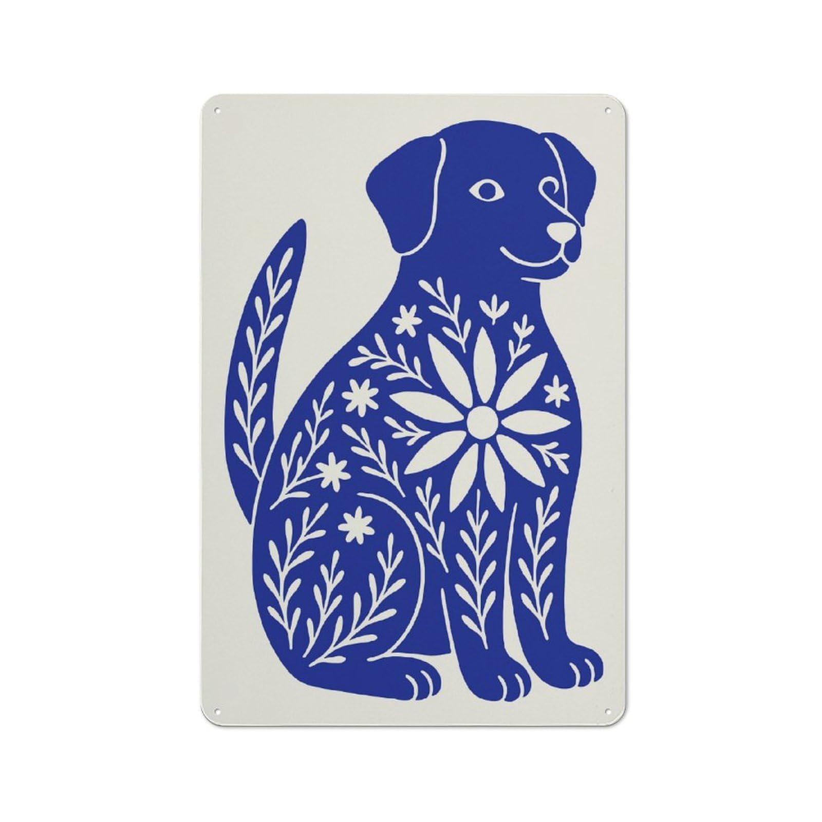 Junmoney Style-7 Retro Metal Wall Sign 30X20cm Featuring Blue Dog Floral Illustration For Garage Wall, For Garage, Workshop And Man Cave Decoration