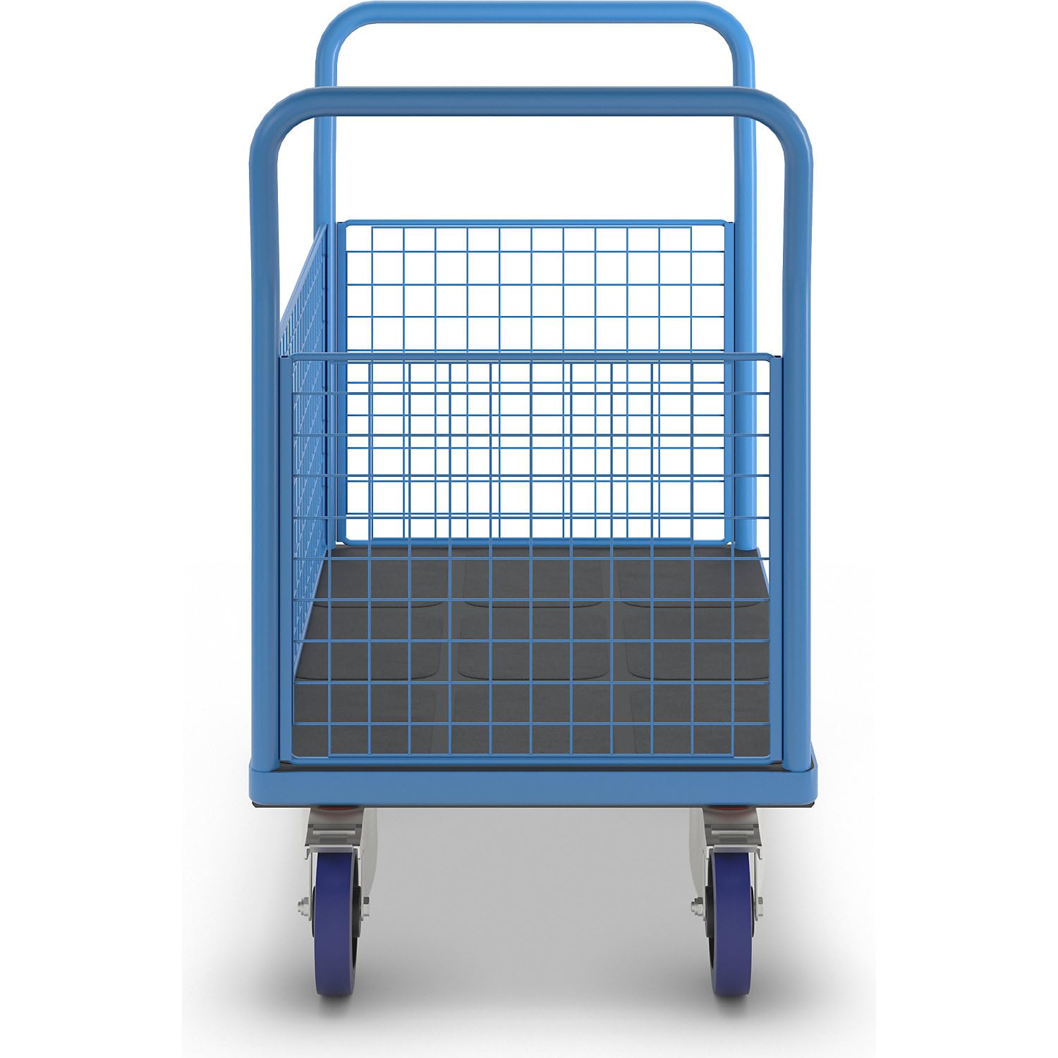 eurokraft pro | Plattformwagen mit Gitterwänden | Vollelastik-Rollen, 3 hohe Gitter, LxB 1000 x 675 mm