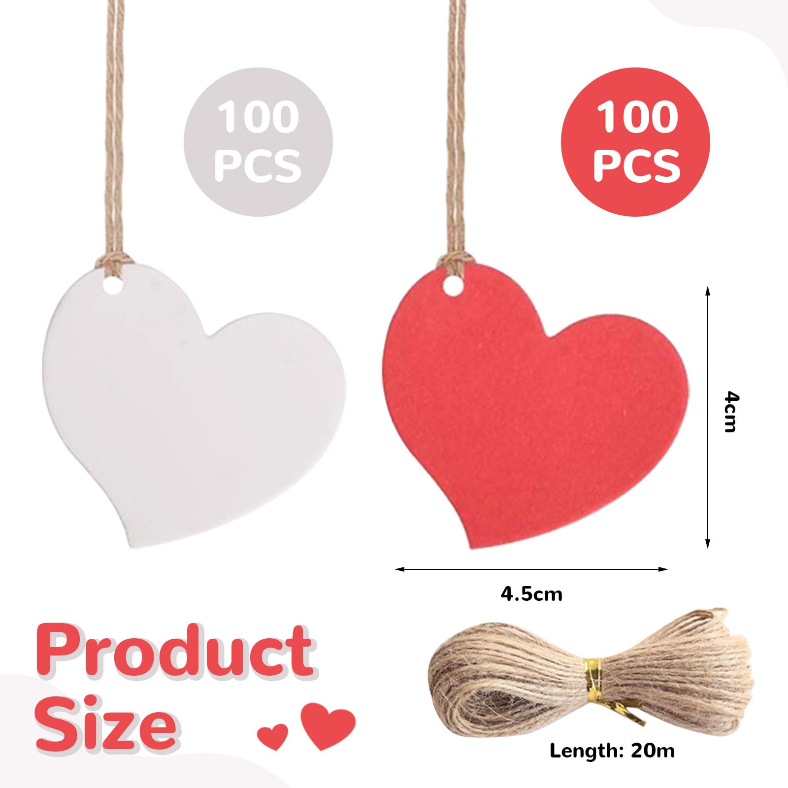 200 Etichette Regalo A Forma Di Cuore Rosa E Bianco + Corda Di Canapa (20 M) - Per Matrimoni, San Valentino, Compleanni E Fai Da Te