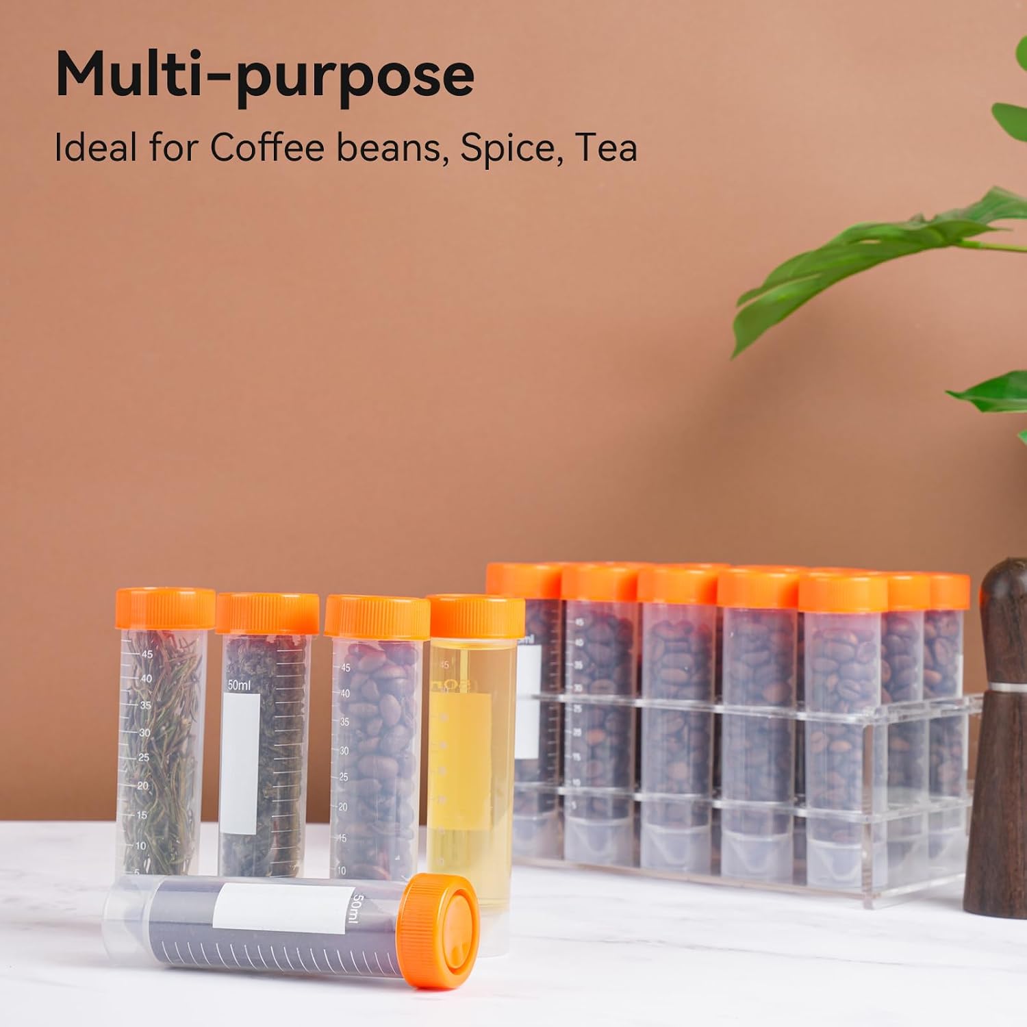 20Pcs Single Dose Coffee Bean Storage Tubes with Stand & Hopper - Plastic Airtight Coffee Bean Cellar, Espresso Coffee Dosing Vials with Scales and Write Marks for Ground Coffee Spices Loose Tea, 17g