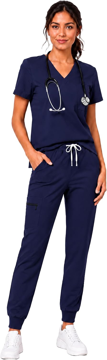 Women's 4-Way Stretch Scrub Set, V-Neck Top & Joggers, 9 Pockets | 72% polyester, 21% rayon and 7% spandex with a yoga waist, zippered storage and wrinkle-resistant easy care
