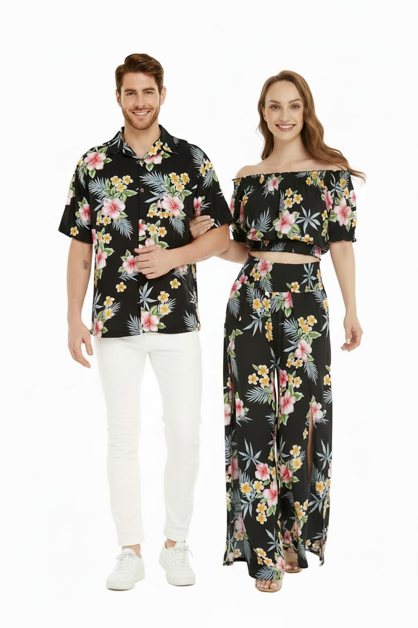 Matchable Couple Hawaiian Luau Shirt or Wide Legged Pants in Hibiscus Black