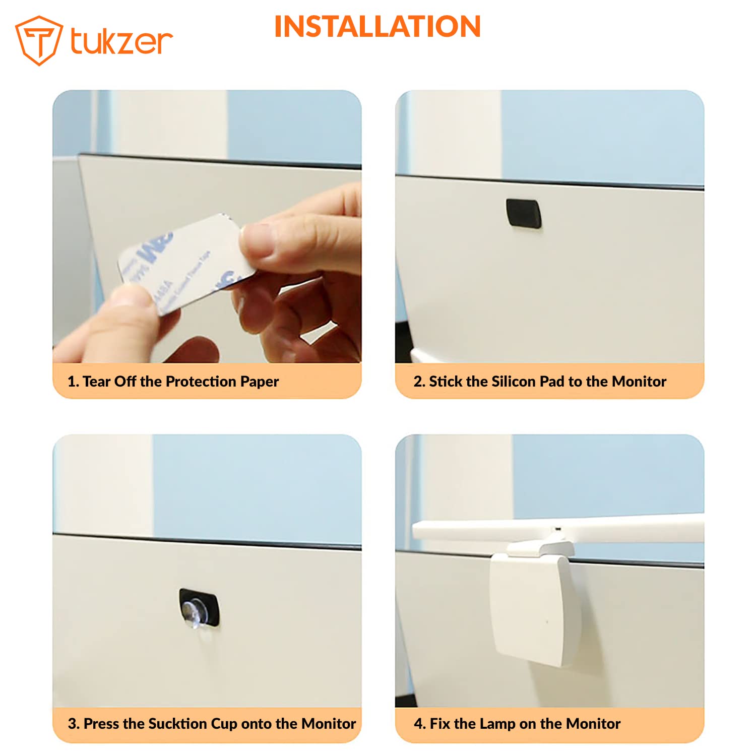 Four-step installation guide for the Tukzer Monitor Screen Light Bar: 1. Tear off protection paper, 2. Stick silicone pad, 3. Press suction cup, 4. Fix lamp මොනිටරයේ.