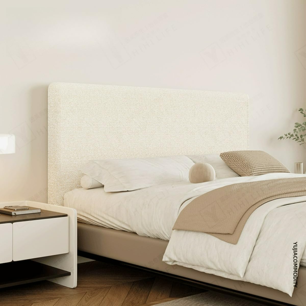 CAMZ Linen Stretch Headboard Covers for Full Queen King Size, Thickened Bed Headboard Slipcover Anti Slip Headboard Dustproof Protector Cover (Shallow Rice,Queen:140-160cm/56-63'')