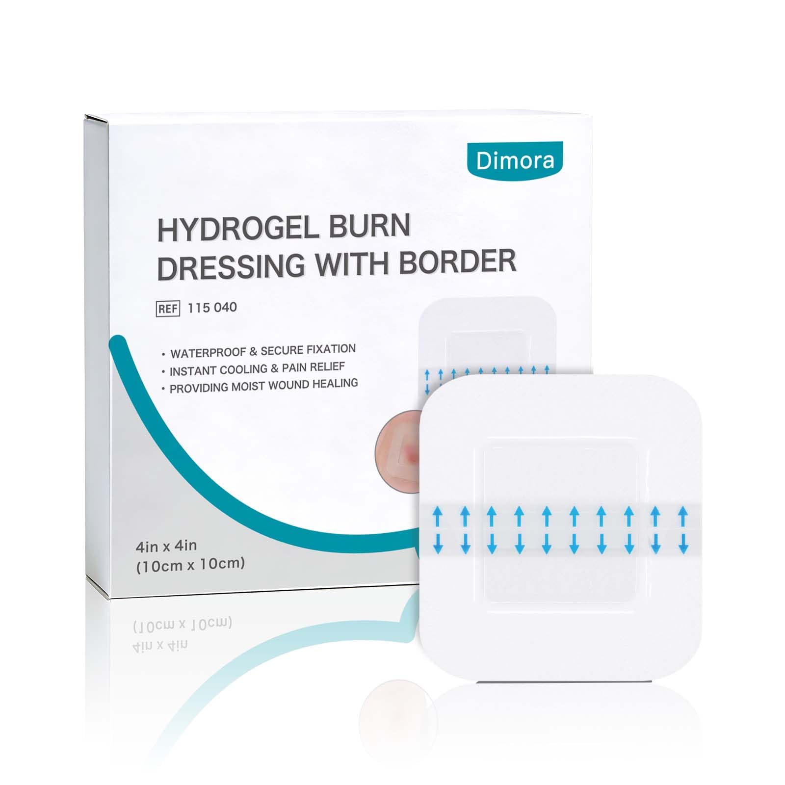 Dimora Hydrogel Burn Dressing with Border 4" x 4" (2.5" x 2.5" Pad) – Sterile, Waterproof Burn &amp; Wound Dressing with Instant Cooling Relief for Minor Burns, Cuts &amp; Abrasions (10 Count)