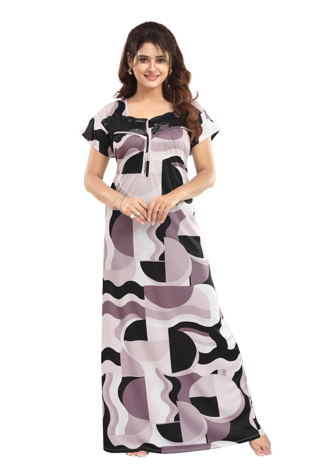Women's Free Size Printed Satin Floral Lace line Zipped Maxi Nighty | Beautiful Fancy Comfortable Nightgown (Multi) Multicolour-picture-33