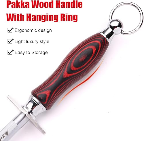 Miniatura 5 de Azhou Varilla de afilado fino de 12 pulgadas, HRC 632 de acero de alto carbono con mango de madera, afilador de cuchillos de cocina profesional,