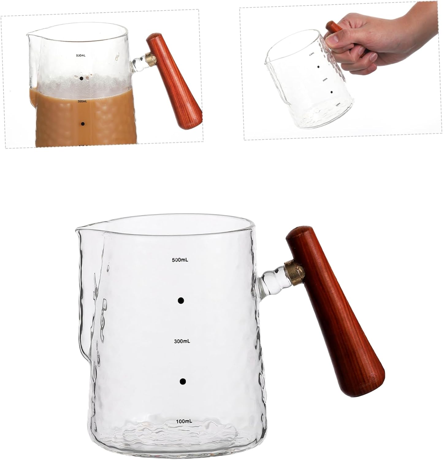 Thickened Glass Frothing Pitcher Cup with Wood Handle Elegant Espresso Measuring Cup for Coffee Shops Home Use for Serving Desserts Juices