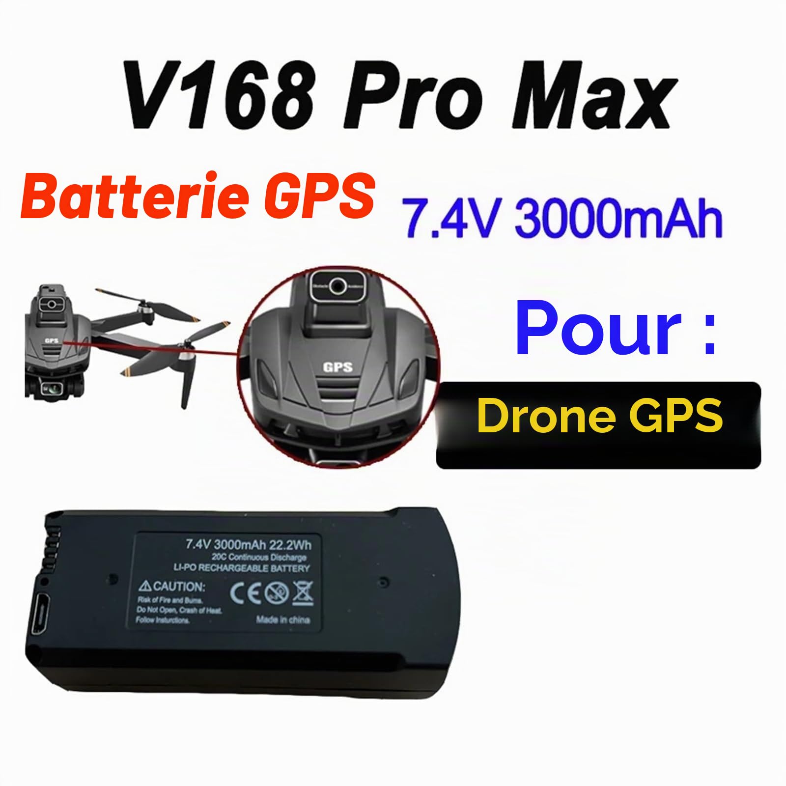 Batterie GPS V168 7,4 V 3000 mAh, compatible avec le drone V168Pro Max, sans GPS Batterie 3,7 V 2000 mAh, compatible avec les accessoires du quadricoptère RC V168Pro(V168 GPS 7.4V 3000mAh 1pcs)