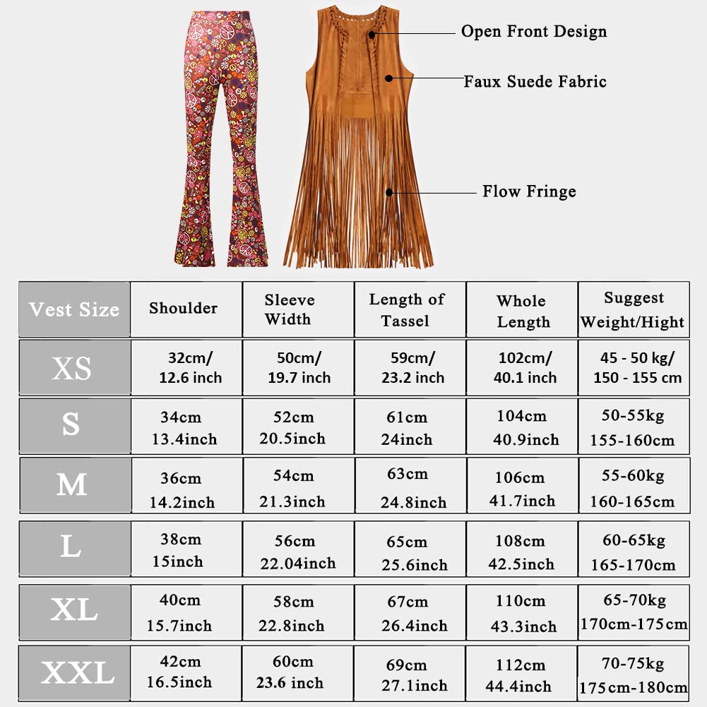 Hippie Kostüm Damen Set mit Fransen Weste Hose und Hippie Kleidung Damen Zubehör Boho 60er 70er Hippie Bekleidung Damen Disco Outfit Karneval Flower Power Cowgirl Kostüm Damen für Fasching
