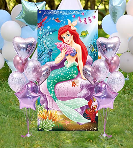 72X36Inch Girls Under The Sea Princess Birthday Door Cover Banner Ocean Coral Reef Tropical Fish Party Banner Princess Kids Happy Birthday Party Indoor Outdoor Yard Door Supplies #TOP4