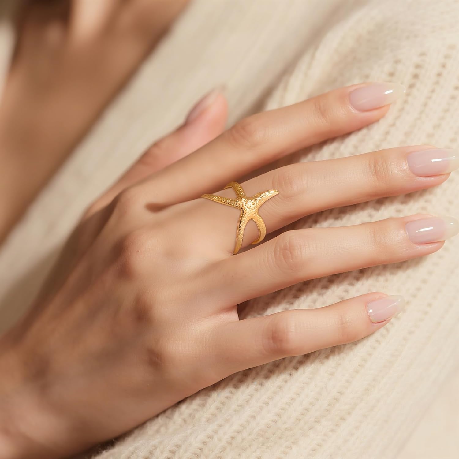 Gold Starfish Personalized Ring for Women, Open Adjustable Stainless Steel Starfish Ring Vintage Gold Irregular Ocean Themed Jewelry for Summer Beach Jewelry Gift - Image 4