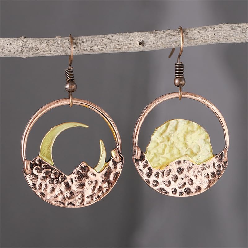 Retro Mountain Moon Sun Earrings Vintage Asymmetrical Round Dangle Earrings for Women - Image 2