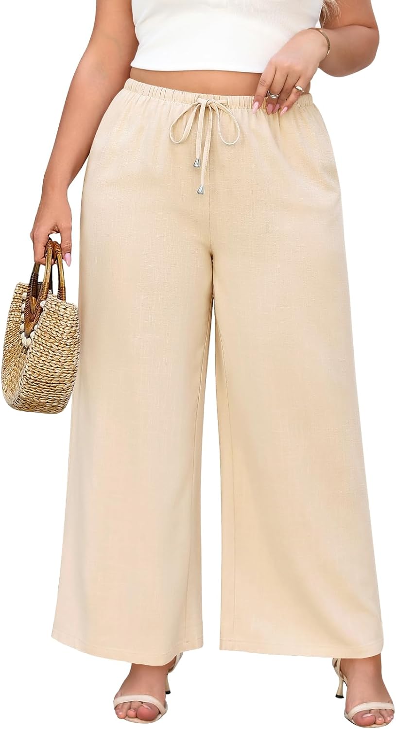 Women Plus Size Linen Palazzo Pants Summer High Waist Wide Leg Trousers Casual Boho 2026 Beach Travel Vacation Outfits - Image 8