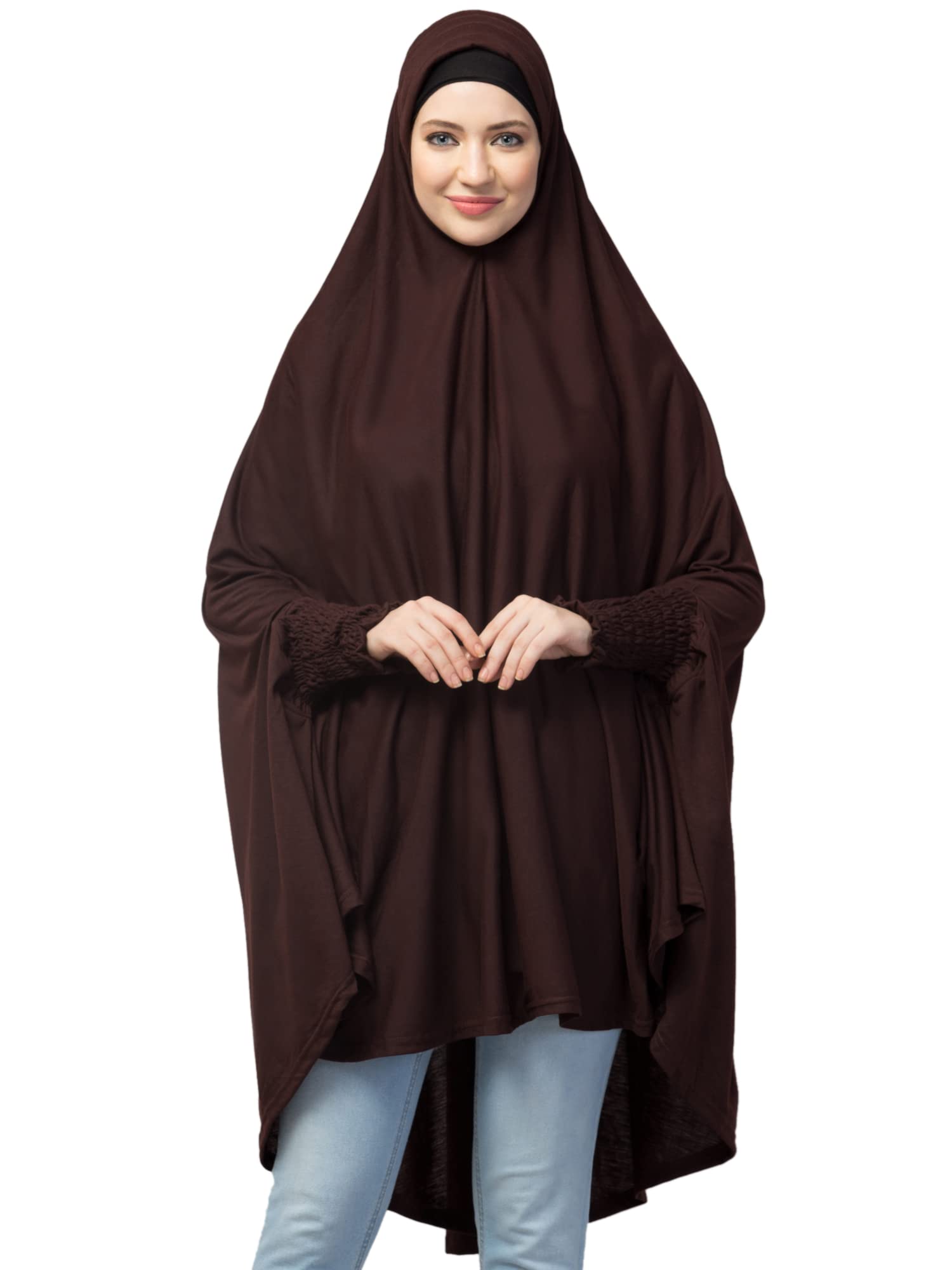 stretchable Jersey smoking at sleeve Jilbab cum prayer khimar Hijab (BROWN POLY SMOKING KHIMAR)