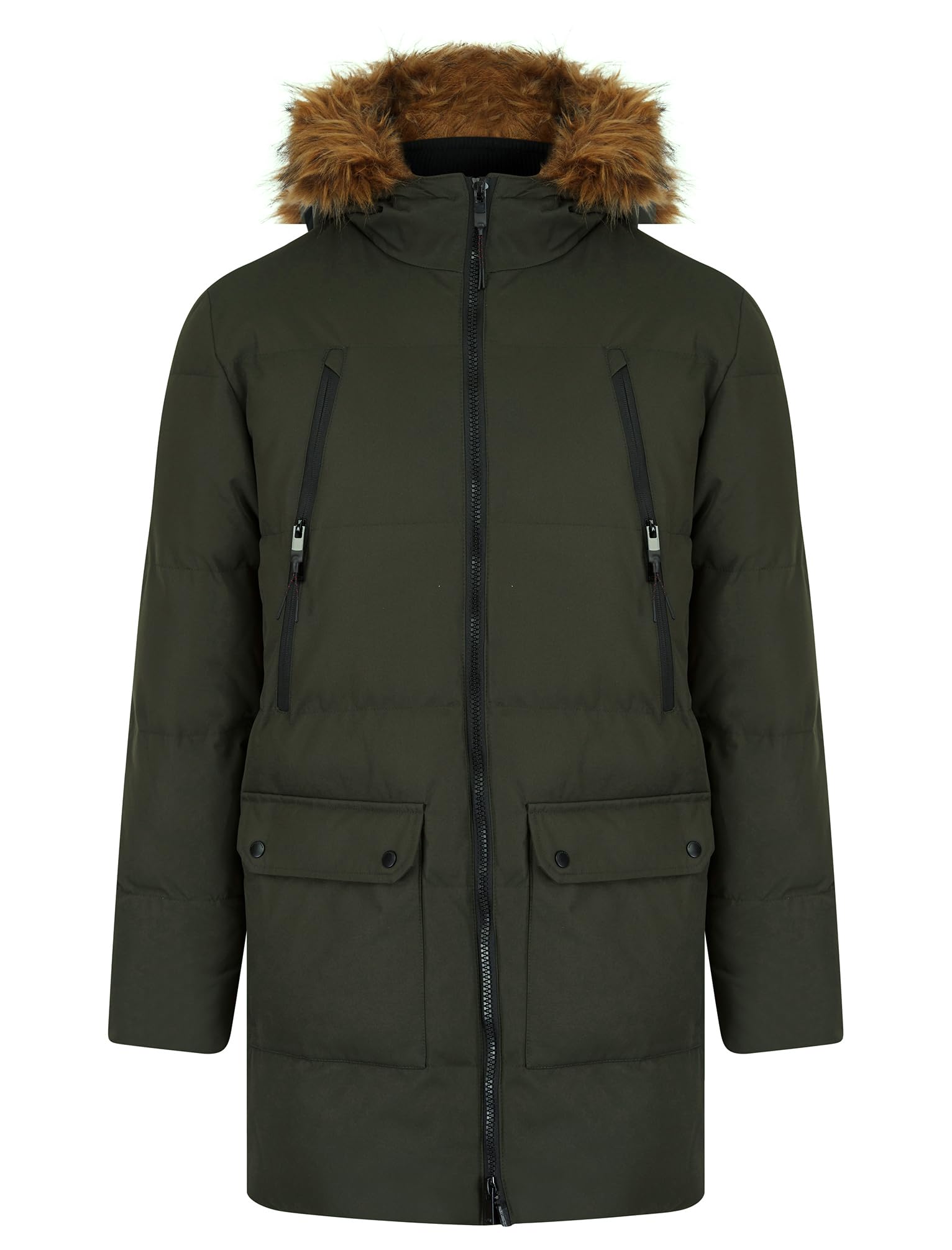 Tokyo Laundry Padded Longline Coat with Faux Fur Hood - Khaki - L - Men's