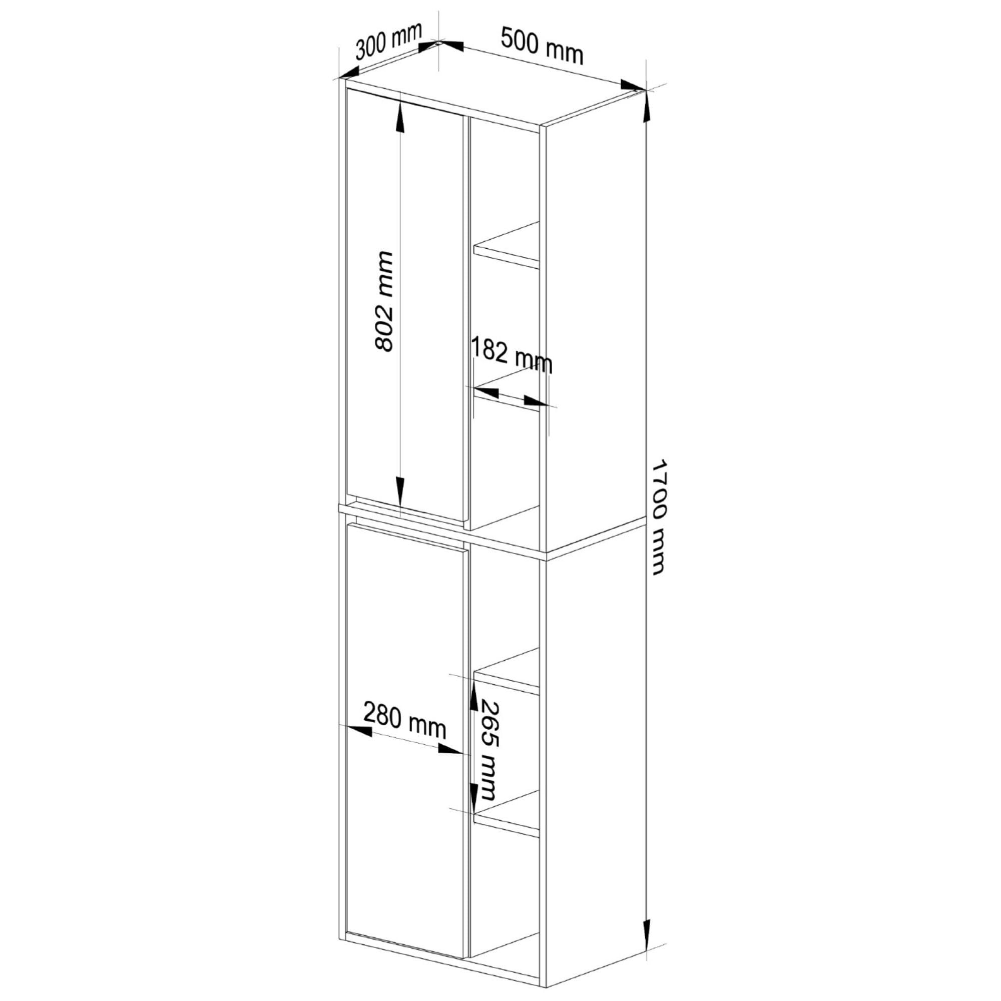 AKORD Colonne Salle de Bain Suspendue VAMI W50 - Meuble Mural 2 Portes, 10 Étagères - Rangement pour Cosmétiques et Serviettes, Fixation Murale - 50x170x30 cm - Blanc & Chêne Sonoma