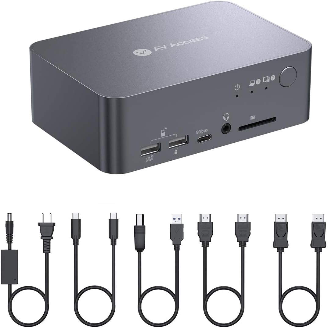 AV Access Dual Monitor KVM Docking Station for Laptop & Desktop, USB C KVM Switch with Dual HDMI 4K@60Hz, 60W Charging, Ethernet, EDID, All-Aluminum Body, 12-in-1 Dock for Home Office Workstations
