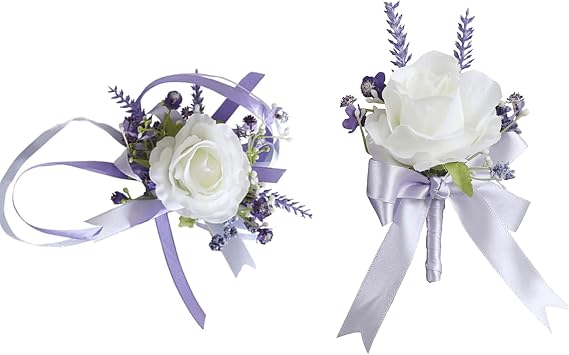 Wrist Corsage and Boutonniere Set,Wedding Corsage Groom and Best Man Boutonniere for Wedding Wristlet Hand Flower for Prom Party Bouquets Decor A+B