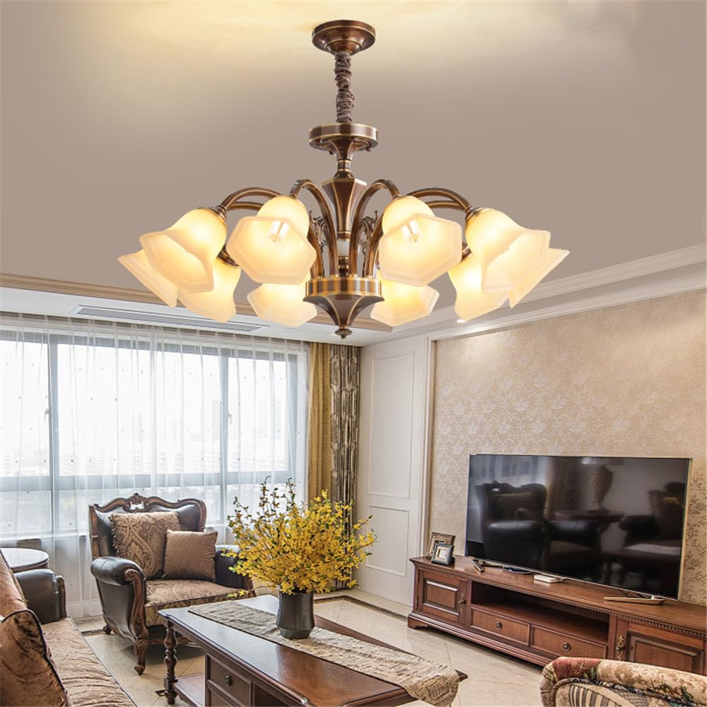 HXYSXHJUO American Brass Pendent Lamp European Luxurious Living Room Dining Bedroom Villa Hotel Sample Chandelier (F 10 Lights)