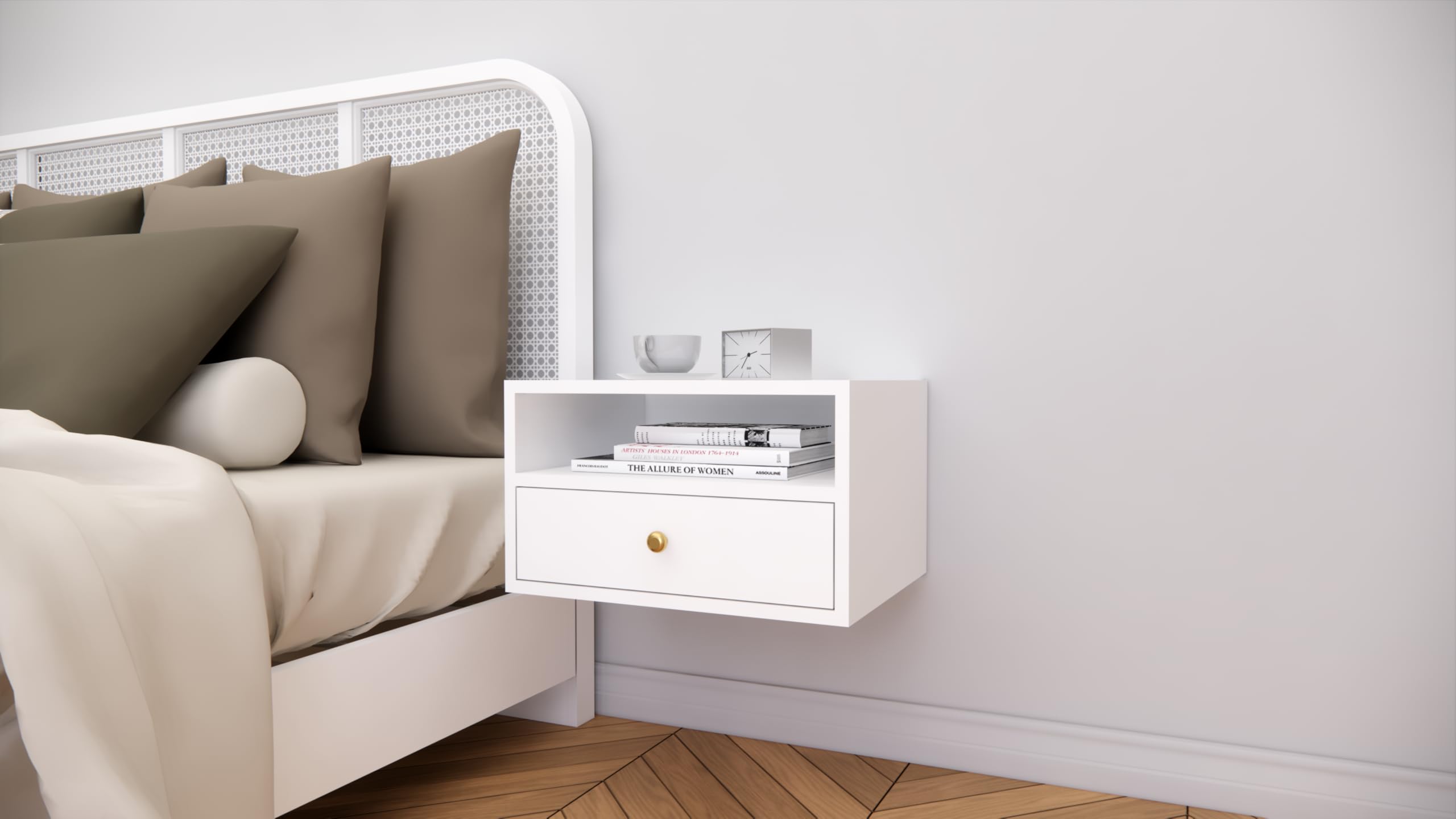 Modern Wall Mounted Bedside Table with Drawer & Open Shelf | Floating Nightstand with Storage | Space Saving Wooden Bed Side Table with Knob Handle for Bedroom (White)-image-22