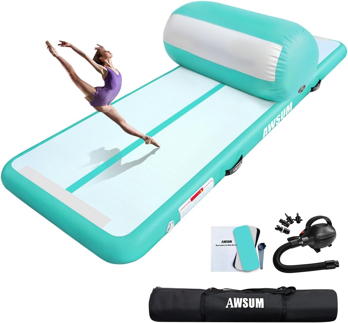 AWSUM 10/13ft Inflatable Gymnastics Mat Air Roller Barrel Tumble Track Tumbling Mat Back Backbend Trainer for Home Use/Gym/Cheerleading Springboard Handspring Equipment, with Electric Pump