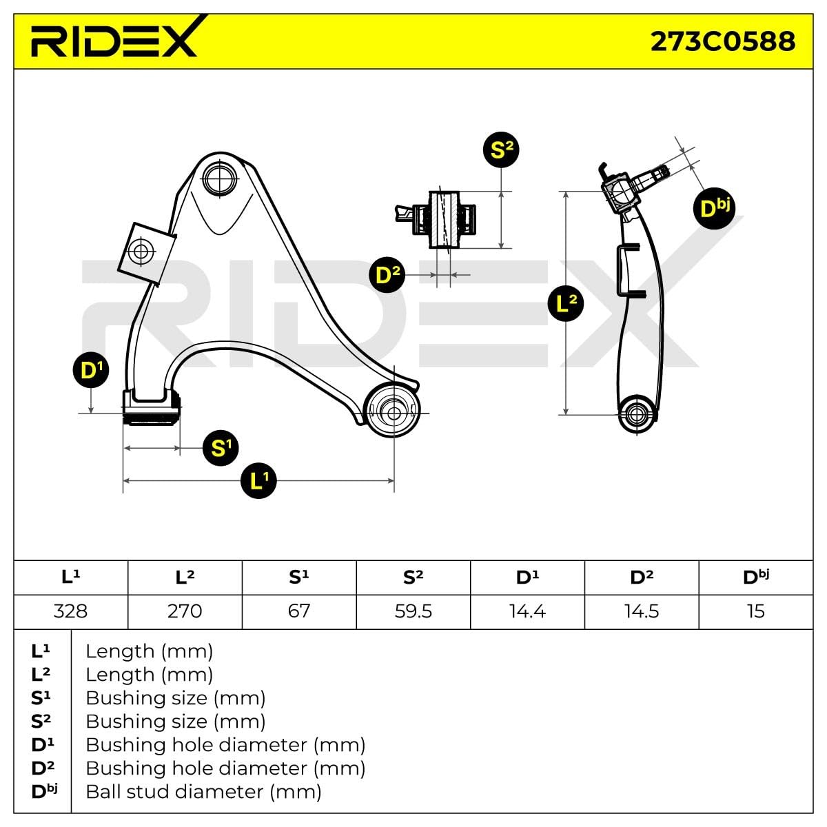 RIDEX 273C0588 Braccio oscillante sospensione ruota Anteriore Destra con cuscinetto in gomma Compatibilità con DAIHATSU TERIOS J1