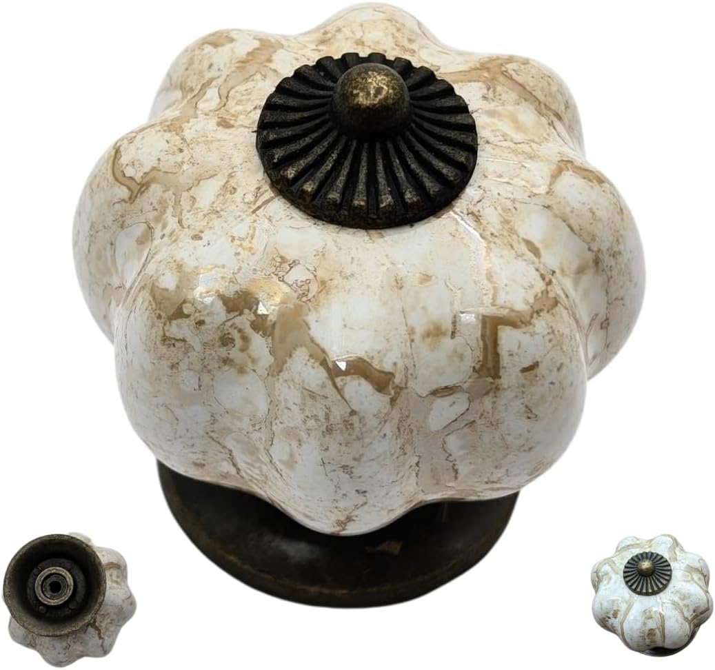 10 pcs Antique Brass-Brown Ceramic Pumpkin Cabinet Knobs with Solid Brass Core for Cabinets, Drawers & More